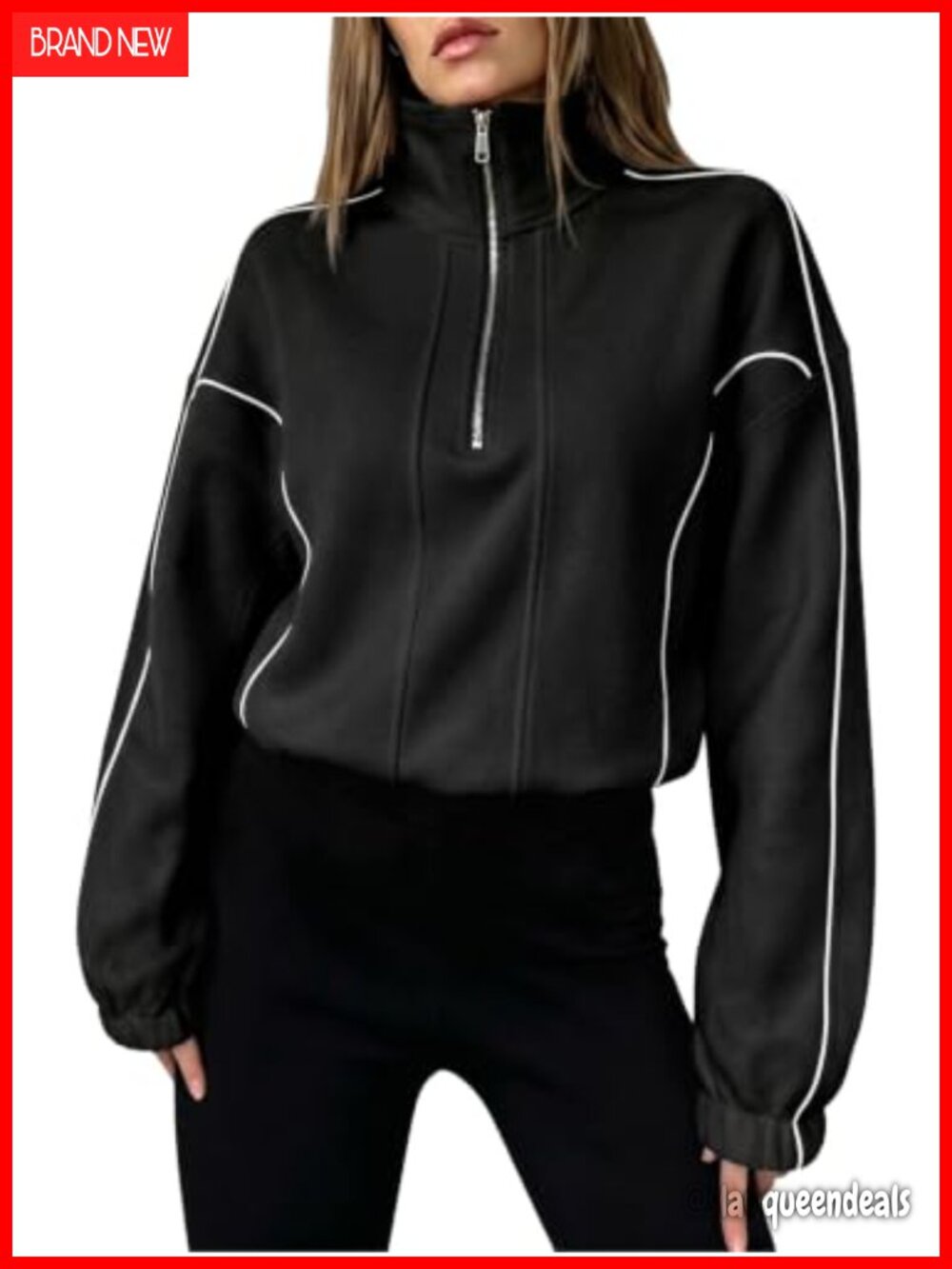 Womens Casual Half Zip Sweatshirt High Neck Loose Pullover Top Long Sleeve
